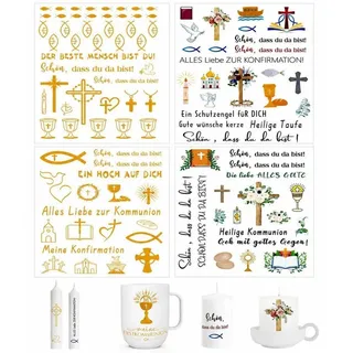 None Kerzentattoos Kommunion 4 Blatt Gold Bunt, Wasserschiebefolie für Kerzen Tassen,