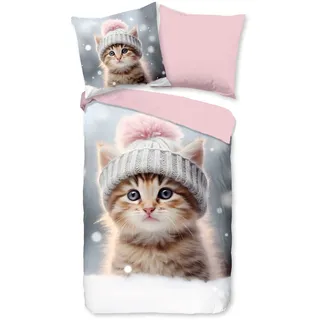 Kinderbettwäsche GOOD MORNING "Patt", rosa, B/L: 135cm x 200cm, 1 Stk., 1 Stk., Flanell, B/L: 80cm x 80cm, 2 Stk., Flanell, Obermaterial: 100% Baumwolle, Bettwäsche, Flanell, Biber, 135x200, Warm, Wende, Kind, Mädchen, Katze, Rosa, Grau