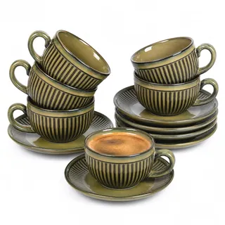 Erkundpresso. Espresso Tassen Set mit Untertassen (6 x100ml) - Espressotassen 6er-Set Steingut -Kaffeetassen Dickwandig mit Henkel- Handgefertigte Barista Kaffeetassen - Zartseegrün