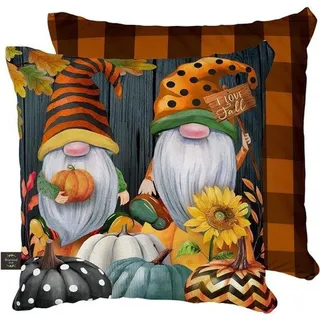 Dekokissen Herbst mit Kürbis- und Gartenzwerg-Motiv 43x43 cm Innen und Außen
