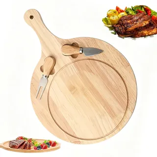 Pizzateller, Käseplatte, Käsebrett, Rund Pizzabrett mit Griff, Servierbrett Holz, Käsemesser Set für Pizza, Cracker, Brie und Fleisch, 20×33 cm