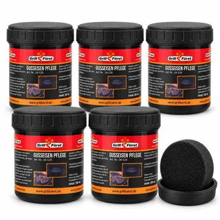 Grillfürst Einbrenn- und Pflegepaste inkl. Schwamm, 5 x 250 ml - Pflege für Gusseisen, Gussrost, Dutch Oven und Feuertopf, aus Kokosnussöl und Wachs