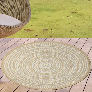 CARPETIA Terrassen Teppich Outdoorteppich Wohnzimmer Garten Teppich Zeitloses Mandala-Design in natürlichem Beige und Weiß, 120 cm Rund