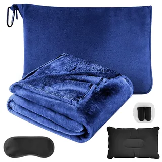3 in 1 Reisedecke & Reisekissen für Flugzeug & Auto, Multifunktionales Kissen, Weiche & Warme Flugzeugdecke Kuscheldecke Kopfkissenbezug Kompakte Decke mit Augenmaske und Ohrstöpseln,127x152cm (blau)