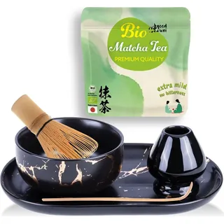 Matcha Set "Black Marmor" mit edler Schale, Besen, Besenhalter & Keramik-Tablett + Matcha & Cocos – s Set für Matcha-Liebhaber