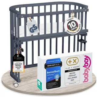 babybay Original, schiefergrau lackiert, mit Matratze, Gitter & Rollen | Das Original vom Erfinder der Beistellbetten, GS-geprüft, massive Buche, stufenlos höhenverstellbar & mitwachsendes Babybett