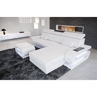 Sofa Dreams Ecksofa Bologna - L Form Ledersofa, Couch, mit LED, wahlweise mit Bettfunktion als Schlafsofa, Designersofa weiß
