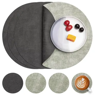 Myir JUN Tischsets Abwaschbar Leder und Untersetzer, Doppelseitigen Platzset Rund Ø 36cm 4er Set rutschfest Glasuntersetzer Platzdeckchen Leder Kunstleder Tischset (Grau Grün, 4er Set)