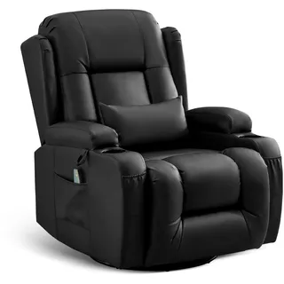 LIFTSHA Relaxsessel mit Liegefunktion, Massagesessel mit Wärmefunktion, 360° Drehbarer Fernsehsessel Wohnzimmer, Schaukelstuhl mit Kissen/Seitentaschen/Getränkehalter (Schwarz)
