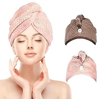 iwobi 2 Stück Turban Haartrockentuch, Knopf Haarturban, Turban Handtuch mit Knopf, ikrofaser Handtuch für Kopf und Lange Haare