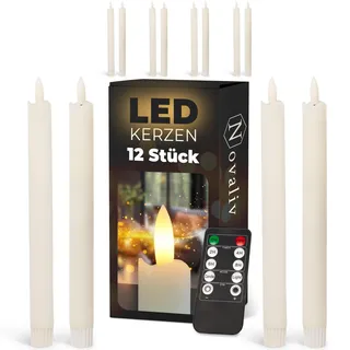 Stabkerzen LED mit Timer WEISS 12 Stück indoor - 6 Stunden - ECHTWACHS 23cm Höhe für Kerzen 2,2cm Durchmesser 2 AAA Batterien notwendig LED Stabkerzen 4er Set WEISS (drei Mal) bewegliche Flamme Licht