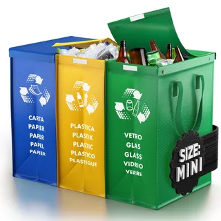 PTMS® Mülleimer 3 Fächer Taschen MINI mit Deckel - Papier, Glas und Plastik
