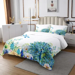 Homewish Pfau Tagesdecke Libelle Gesteppte Schwanzfedern Tagesdecke Set für Kinder Mädchen Frauen Traumtiere Blumen Aquarell Frische Natur Tagesdecke Quilt Set mit 1 Kissenbezug 170x210