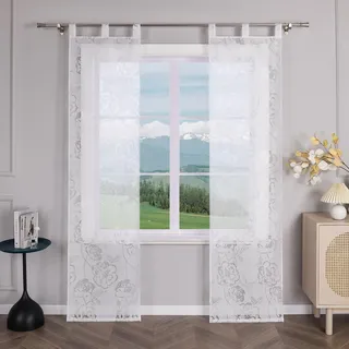 Delien Schiebevorhänge 2er Set mit Schlaufen Ausbrenner Gardinen »Rose« Transparente Flächenvorhänge mit Blumen Muster Schiebe Vorhang Modern Wohnzimmer Fenster Schals BxH 57x225cm,Weiß