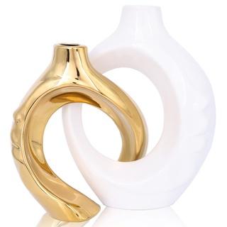 oliruim Weiße Gold Keramik Dekorative Vase Wohnkultur Weiß Gold Vase 2er Set Pampasgras Dekorative Vase Couchtisch Dekorative Vase Eingang Tisch Dekor (Weiß/Goldfarben)