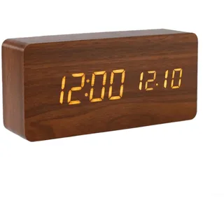 Digitaler LED-Wecker aus Holz, Nachttischuhr aus Holz mit großem LCD-Display, Uhrzeit, Datum, Temperaturanzeige, Dual-Wecker, Schlummerfunktion (braun)