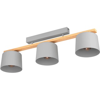 EGLO Deckenlampe Mariel, Deckenleuchte mit 3 Spots, Spotbalken skandinavisch, Wohnzimmerlampe aus Stahl in hellgrau und Holz, FSC100HB, Deckenspot mit E27 Fassung