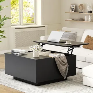 FABATO Couchtisch eckig, höhenverstellbar mit verstecktem Staufach, Landhaus-Design in Schwarz - Schwarz