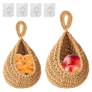 2 Stück Obstkorb Hängend, Geflochtener Hängekorb Küche für Obst Aufbewahrung, Obstkorb Hängend Wand Mit Haken, Obstkorb im böhmischen Stil für Aufbewahrung Küche