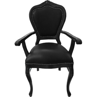 Casa Padrino Barock Luxus Echtleder Esszimmer Stuhl Schwarz / Schwarz mit Armlehnen - Handgefertigte Möbel mit echtem Leder