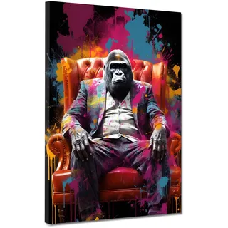 Gorilla im Anzug Tier Pop art Leinwandbild Wandbild Deko Kunst XL Größe 105x140x4cm