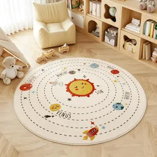 Poowe Sonnensystem Kinderteppich, pädagogischer Lernteppich, lustiger Teppich für Spielzimmer und Kinderzimmer (80 cm rund)