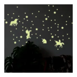 K&L Wall Art Wandtattoo Leuchtsterne Einhorn 100er Set Gelb 20x20cm selbstklebend, Kinderzimmer Leuchtbild gelb