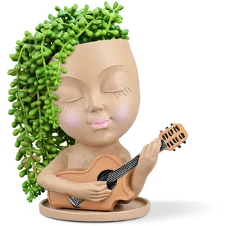 Dekorativer Blumentopf Mit Menschlichem Gesicht - Kleiner Gitarren-blumentopf Aus Kunstharz Für Die Innendekoration (hellbraun)