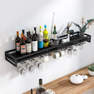 Wand Weinregal mit Glashalter Rustikaler Metall Weinhalter Wandmontage Wandflaschenhalter Wandregal Flaschenständer, Weinglas & Wein Flaschenregal für Home-Bar-Küche - 60/80 / 100 cm