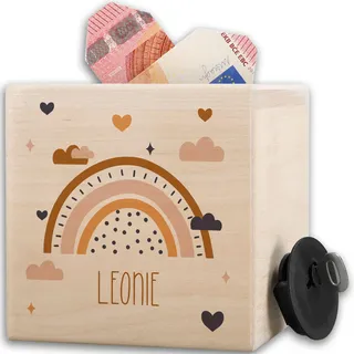 Spardose Holz Boho Regenbogen Holzspardose Kind Sparbox mit Name Taschengeld I Holzsparbüchse Geldgeschenk Kinder Geburtstag - 10x10cm - Holz - personalisierte kinderspardose sparbüchse mädchen