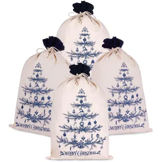 BRUBAKER Weihnachtssack Tannenbaum Blau - 80 cm Geschenksack Weihnachten - Nikolaussack Sack Baumwolle mit Kordel zum Verpacken von Geschenken - Weihnachtsbaum geschmückt - 4 Stück