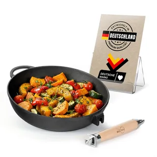 4BIG.fun Gusseisenpfanne 28 cm mit Holzgriff – Gusspfanne tief für Induktion, Gasgrill & Backofen – Gusseiserne Bratpfanne für Steak, Grill & Feuerstelle – Für alle Herdarten