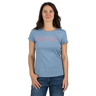 MUSTANG T-Shirt Damen Logo Printshirt Alexia C Logo Slim Fit (1-tlg) Basic Kurzarm Tee Shirt mit Rundhalsausschnitt aus 100% Baumwolle blau XL