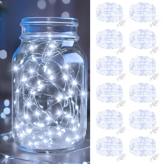 btfarm 12 Stück LED Lichterkette mit Batterie Klein, 2M 20LED Mini Lichterkette Batteriebetrieben, Wasserdicht Draht mit Knopfzelle für Weihnachten Hochzeit Party Innen Deko, Kaltes Weiß