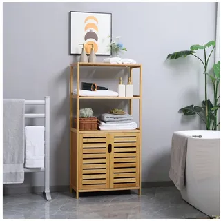 Kleankin Badkommode mit 2 Lamellentüren, 2 offene Fächern & Schrank (Badezimmerschrank aus Bambus, 1 St., Badschrank), für Badezimmer, Wohnzimmer, 60x30x120 cm Natur beige