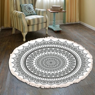 Vintage Boho Baumwolle Teppiche Mandala Muster Waschbar Handgewebte Böhmische Runder Teppich mit Quasten für Schlafzimmer Flur Wohnzimmer Couchtisch Fußmatten,Waschmaschinenfest,60CM Blumen #36