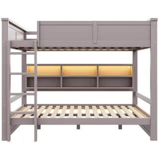 OKWISH Etagenbett aus Kiefernholz und MDF, Braun, 160x200 cm, mit 6 Stauraumschränken und LED-Beleuchtung