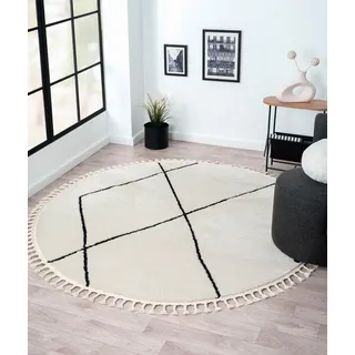 Myflair Möbel & Accessoires Hochflor-Teppich Moroccan Signature, rund, Höhe: 24 mm, modern, marokkanisches Design, Rauten Muster, weich, mit Fransen schwarz|weiß Ø 240 cm x 240 cm x 240 cm x 24 mm