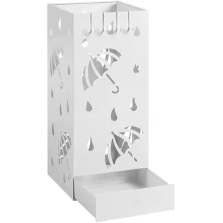 Laneetal Regenschirmständer, quadratischer Schirmständer, Regenschirmhalter aus Metall, mit herausnehmbarer Wasserauffangschale, 4 Haken, Regenschirm-Motiv, 20x49x20cm, Weiß