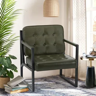 COLAMY Ohrensessel Sessel Wohnzimmer, Leder Accent Chair, Mid Century Sessel für Wohnzimmer, Modern Kunstleder Empfangssessel mit Metallbeinen für Schlafzimmer Empfangsraum Wartezimmer, Grün