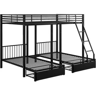 STILVORA Dreier-Etagenbett Metall Schwarz 246x206x177,8 cm, teilbar, mit 2 Schubladen