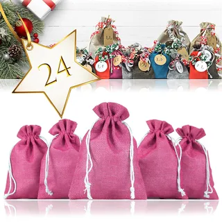 Ganzoo 24er Set Jutesäckchen für Adventskalender zum Selbstbefüllen, 17,5 x 12,5 cm, 100% Jute Stoff, Kordelzug, magenta, Jutesäckchen als Geschenksäckchen