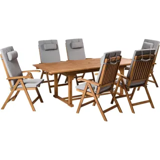 BELIANI Gartenmöbel Set Braun Akazienholz 6-Sitzer Auflagen Grau Meliert Ausziehbarer Rechteckiger Tisch Rustikal Landhaus Stil Outdoor - Braun/Grau