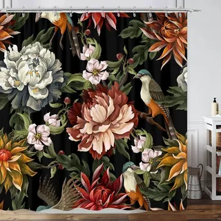 GOAOK Schwarzer Boho-Duschvorhang mit Blumenmuster, leuchtend abstrakt, böhmische tropische Blätter, Pflanze, Blume, botanischer Vogel, moderner ästhetischer Boho-Chic, Stoff-Duschvorhang, 12 Haken
