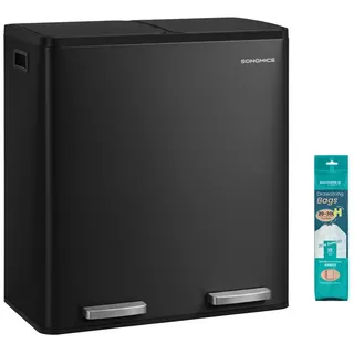 SONGMICS Mülleimer Abfalleimer 2 oder3 Fächer, Mülleimer 30L 54L 60L, 15Müllbeutel, Stahl, Tretmülleimer Softclose-Deckel, herausnehmbare Inneneimer schwarz 60 l
