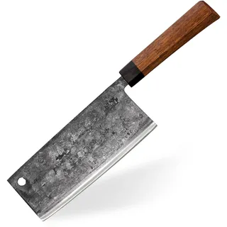 Black Chili Hackmesser (Chinesisches Kochmesser) für Fleisch und Gemüse | Griff: Eisenholz | 18 cm Carbonstahl Klinge | Extrem Hart und langlebig | Hackbeil Küchenbeil mit Holzgriff | PETER-PEPPER-18