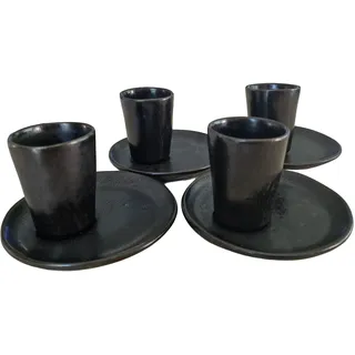PintoCer - Espresso Kaffeetassen aus weißem Steingut, ohne Griff mit brauner Untertasse (Schwarz/Schwarz, 4)