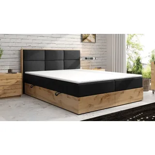 möbel punkt Boxspringbett LISSABON Eiche Holz mit Bettkasten 180 x 200 cm Webstoff Schwarz Anthrazit