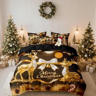 DXHOME Weihnachts Bettwäsche 155x220 Gold Schwarz Wintermotiv Weihnachten für Mädchen Jungen Geschenke für Kinder Weiche Mikrofaser Bettbezug mit Reißverschluss und 2 Kissenbezüge 80 x 80cm