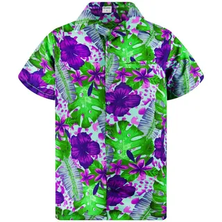King Kameha Hawaiihemd Grün Lila Blume Funky Hawaii-Hemd Kurzarm Front-Tasche Stylish Unisex blau L